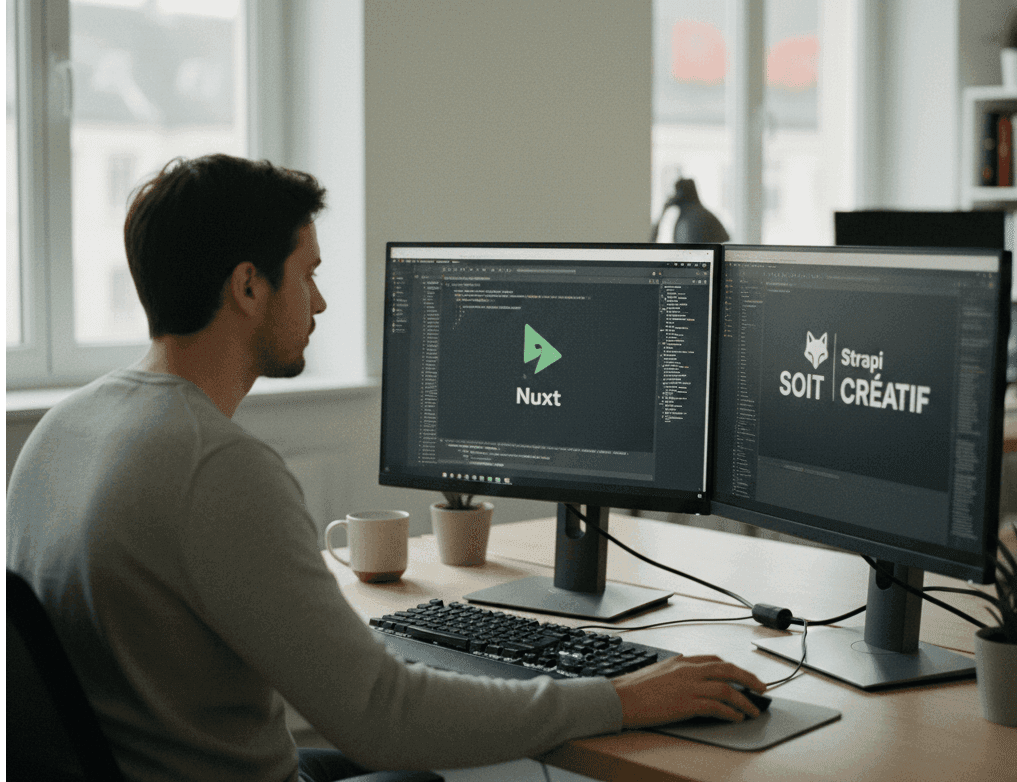 Un développeur qui regarde deux ecrans face à lui avec Nuxt et Strapi